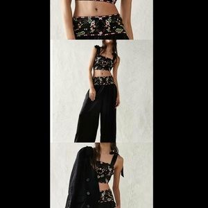 Free people Petra Set Black Satin wide leg harem pant + top Embroidered 4 NWOT